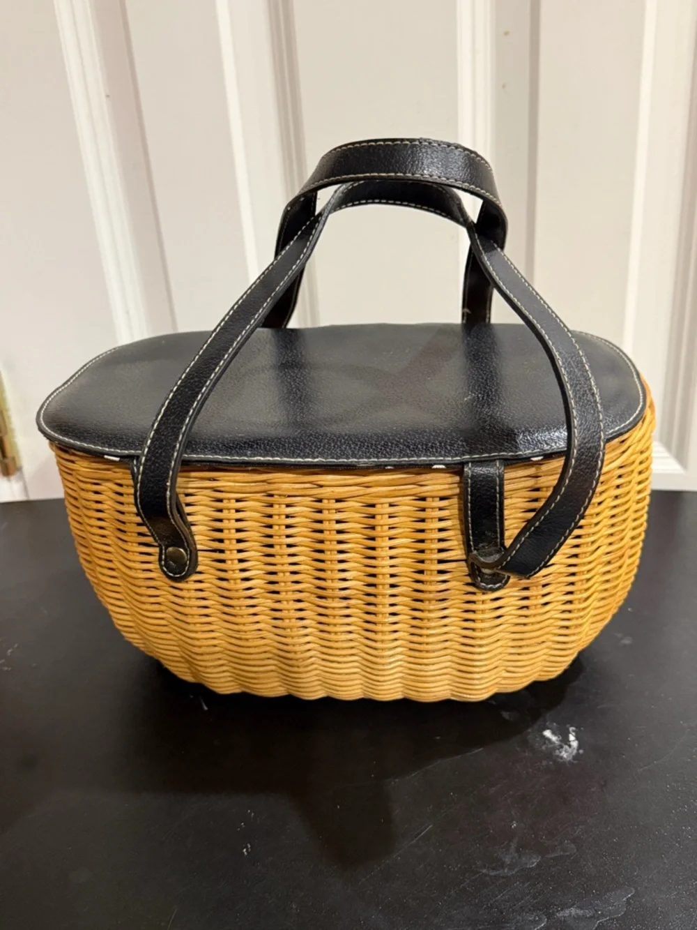 Braciano Black & Natural Wicker Top-Handle Tote leather trim
